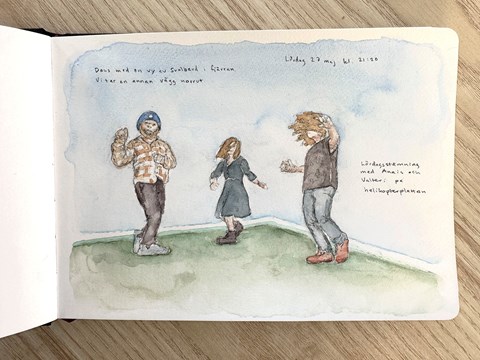 Teckning/akvarell av tre personer som dansar.