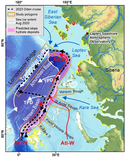 Map of the north-eastern Arctic Ocean with the planned route for the I/B Oden EA-C4 expedition (black dashed line).