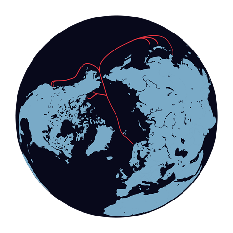 De röda linjerna visar den tänkta dragningen för fiberkablar i det globala projektet Polar Connect.