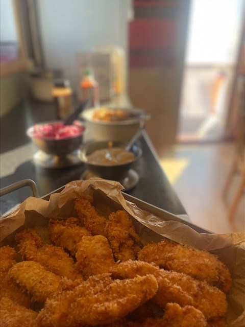 Fried food in an oven dish.