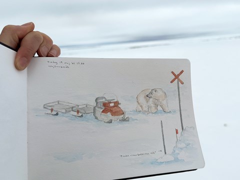Teckning av isbjörn bredvid en skoter