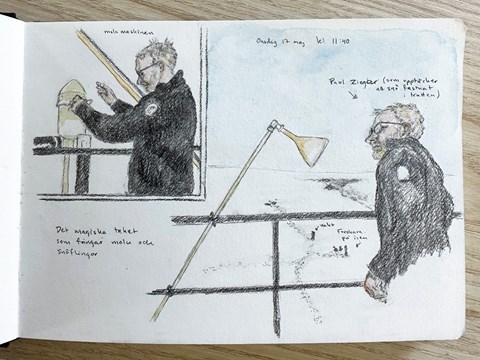 Teckning/akvarell av forskningsledare som inspekterar ett instrument