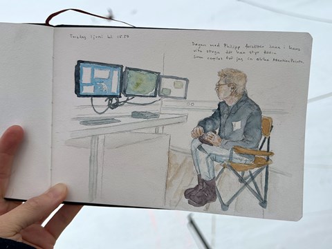 Teckning/akvarell av person som sitter ner och tittar på tre datorskärmar
