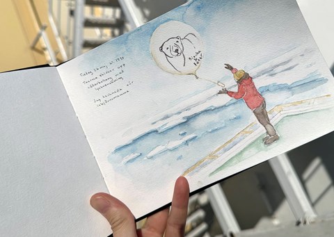 Teckning/akvarell av person som släpper en väderballong.