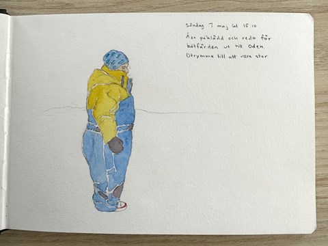 Teckning av person i gul och blå overall