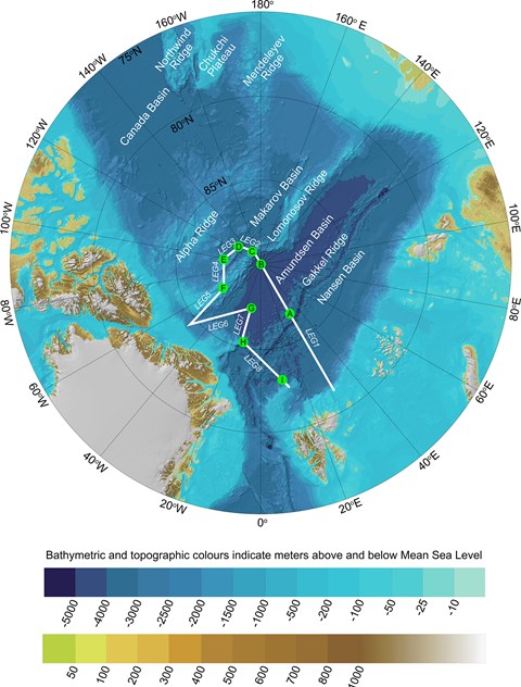 The map shows the planned survey area for Oden's part of the Synoptic Arctic Survey expedition with eight stages (leg 1-8).