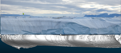 3D-rendering av undervattensdelen av ett isberg med relativt platt hylla på cirka 12 meters djup.