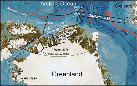 Figure 1. Map of Northern Greenland and the Arctic Ocean. The expedition in 2024 aims to complete a synoptic transect, stippled line in the map.
