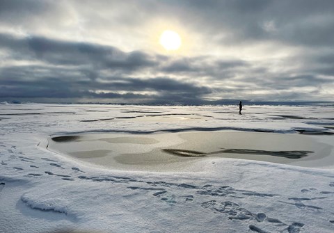 Watching for polar bears in the Arctic. A frozen melt pond is in the foreground
