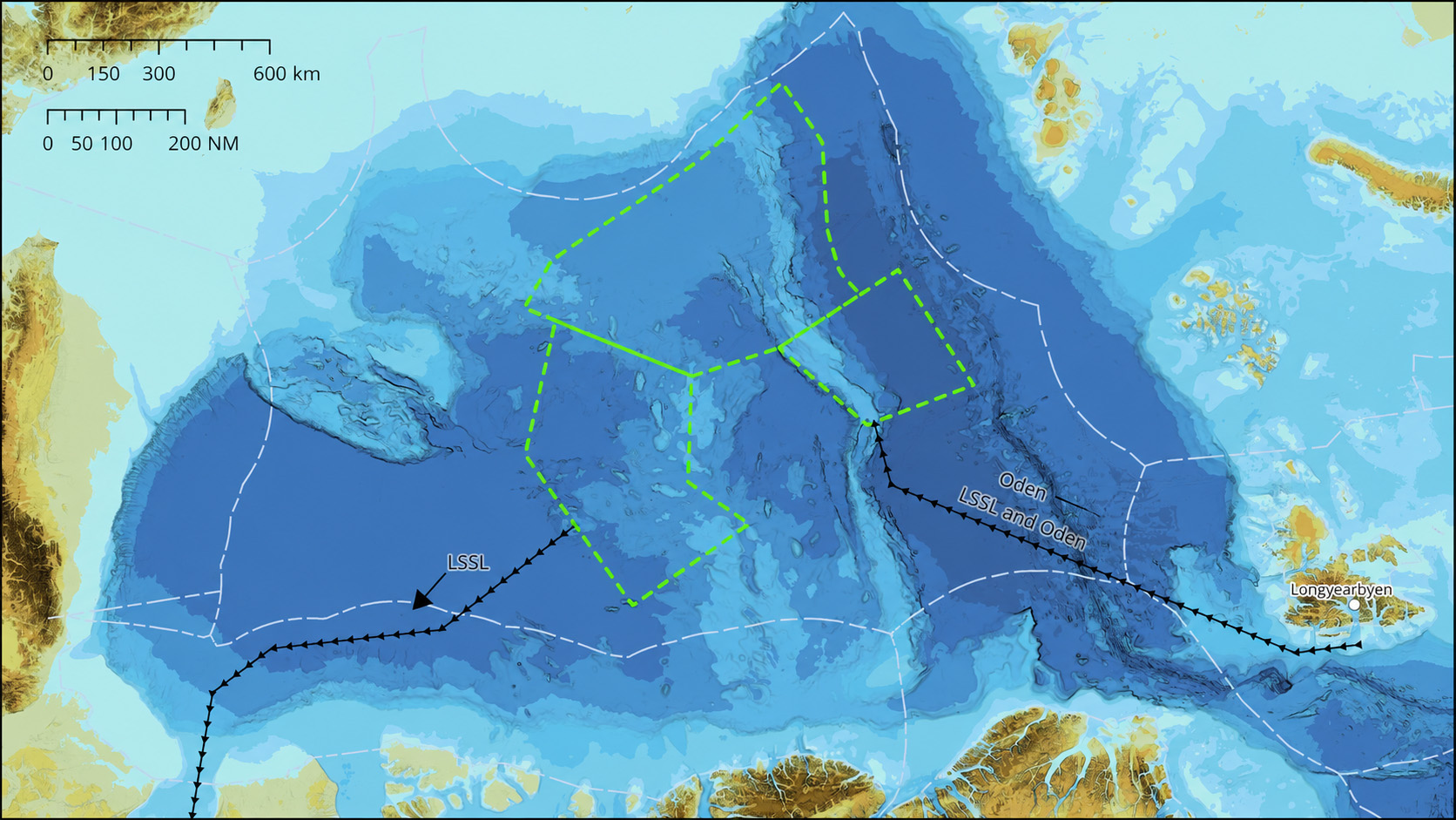 Kartbild över Arktiska Oceanen med geografiska intresseområden för expeditionen Canada-Sweden Arctic Ocean 2026