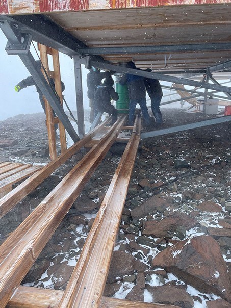 Four people work under the station Wasa.