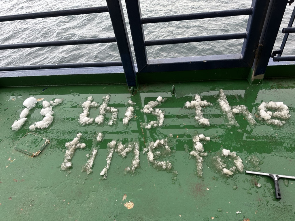 På grönt underlag står det skrivet med snö: Is this the time fo... 