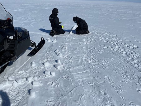 Forskare gör mätningar i snön.