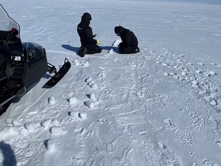 Forskare gör mätningar i snön. 