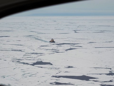 Our home in the Arctic Ocean can be seen in the distance from the helicopter during today's ice reconnaissance.