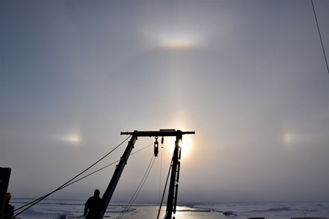 Brilliant halo and bi-suns over Oden's aft A-frame
