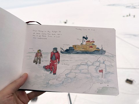 Teckning/akvarell av forkare på isen med isbrytare i bakgrunden