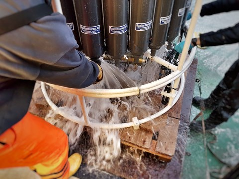 Emptying the remaining seawater from the CTD/Rosette, preparing for the next cast