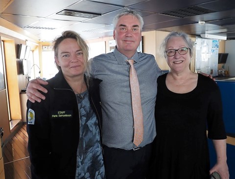 A satisfied expedition management team on the bridge after Oden once again went to the North Pole. Expedition coordinator Maria Samuelsson, Captain Mattias Petersson and Chief Scientist Pauline Snoeijs Leijonmalm