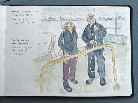 Två personer tittar uppåt medan de hissar en flagga